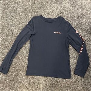 Columbia Sportswear navy longsleeve tshirt, peach/orange writing, men size S